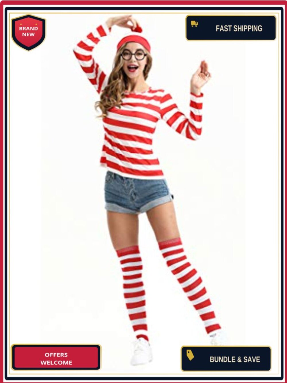 Striped Costume Set Hat Glasses Shirt Halloween Cosplay Party